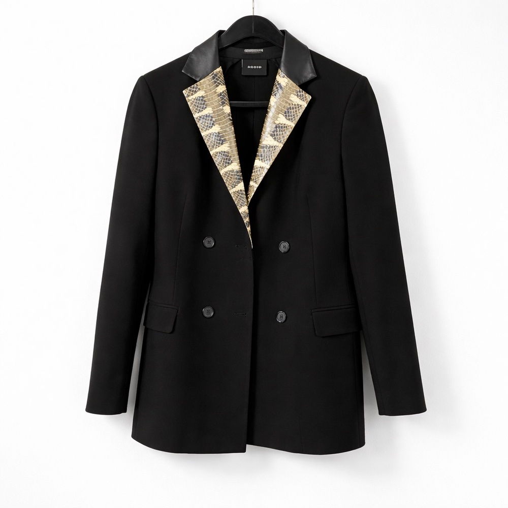 Akris Black Blazer Jacket Leather Collar Snakeskin Trim US 8 IT 44 - Picture 1 of 9